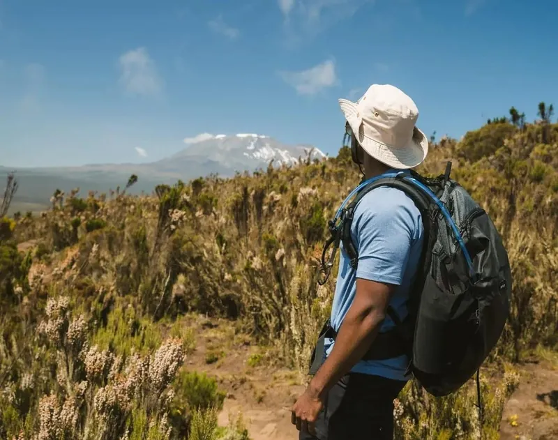 Hiker in a sun hat on moorland with Kilimanjaro behind on a Kilimanjaro climbing tour day trek, Tanzania