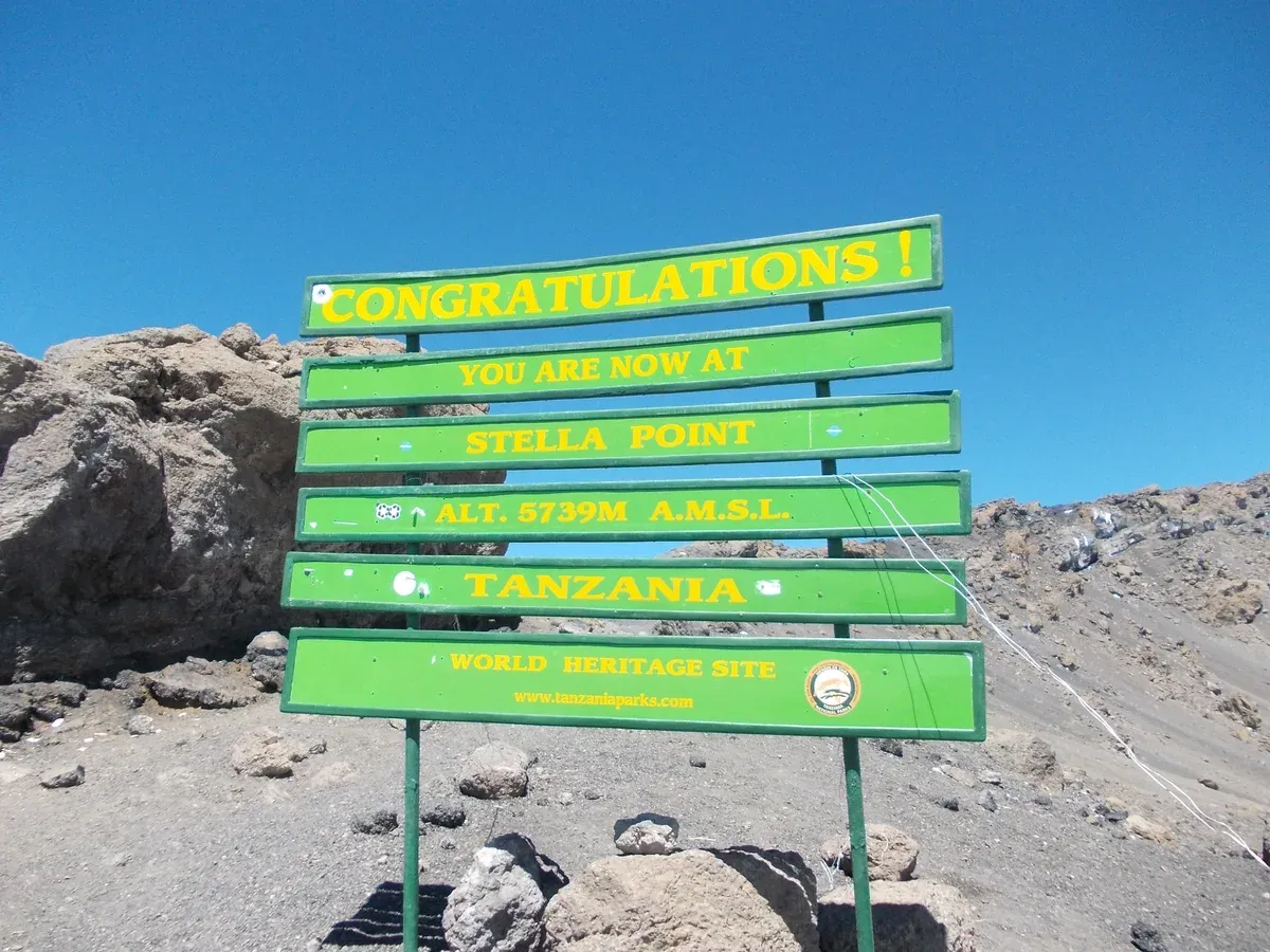 The Stella Point sign on the Kibo crater rim, a sight on Kilimanjaro climbing tours