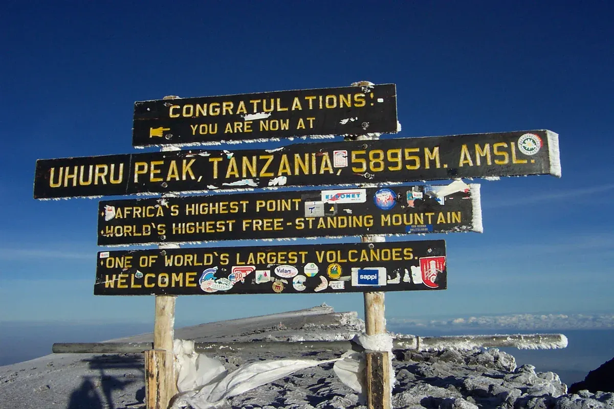 The summit sign at Uhuru Peak, 5,895 m, the goal of Kilimanjaro climbing tours